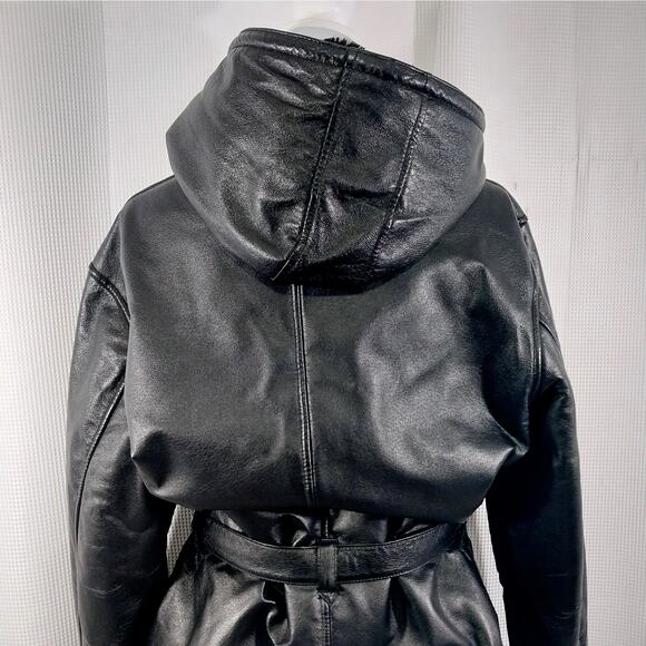 STUNNING BLACK GENUINE LEATHER HOODIE, BELTED WAIST, PLUSH LINED COAT! SZ XL - Picture 10 of 12